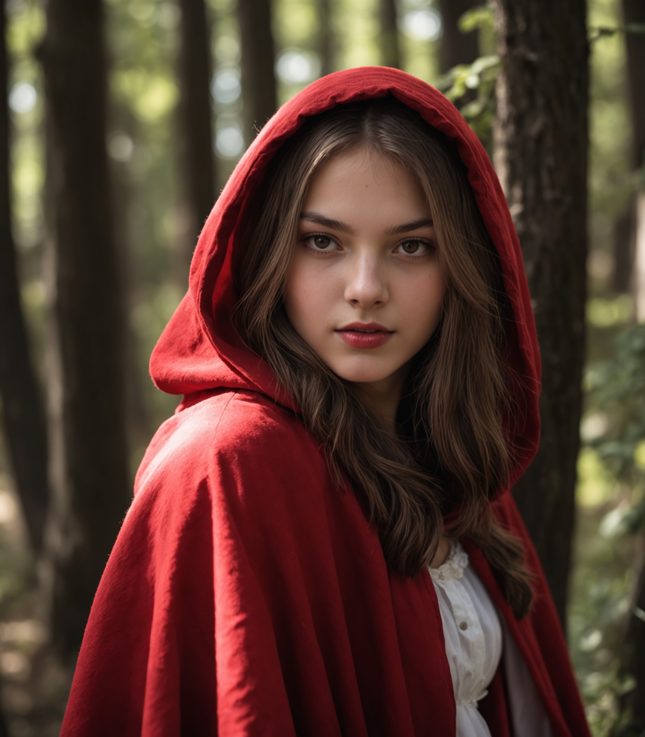 photo, Red Riding Hood, 18 years old, natural dark lighting,  best quality